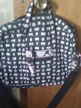 Women's Vera Bradley Black and Pink Quilted Tote Bag with Elephant Print